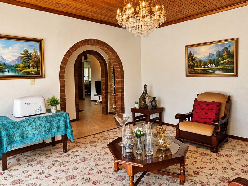 A traditional living room featuring a timber-clad ceiling, a decorative brick archway, and a classic crystal chandelier.