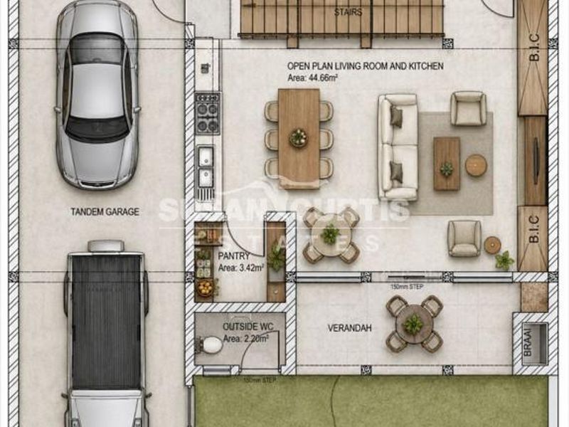 Architectural floor plan showing a townhouse layout with a tandem garage, open-plan living area, kitchen, pantry, outside WC, verandah, and backyard.