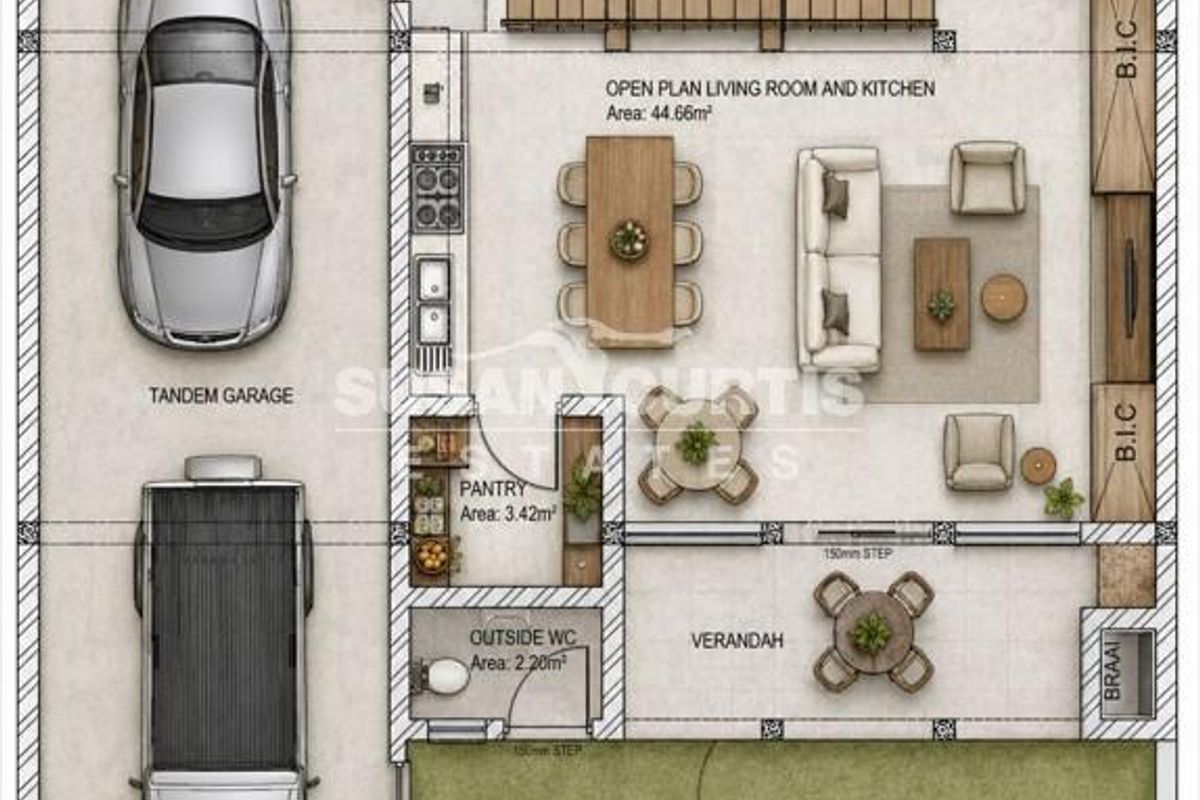 Architectural floor plan showing a townhouse layout with a tandem garage, open-plan living area, kitchen, pantry, outside WC, verandah, and backyard.
