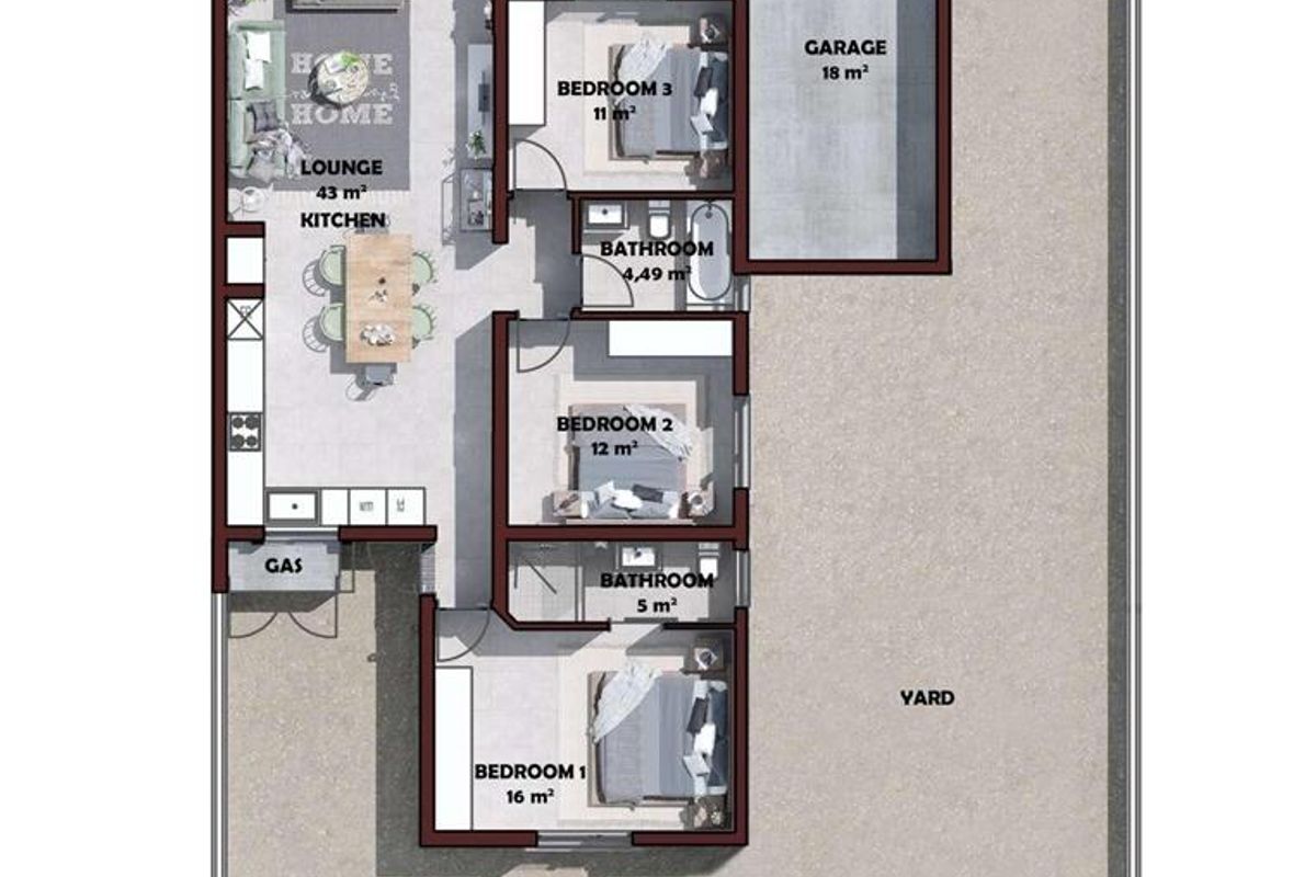 A detailed architectural floor plan showing a three-bedroom townhouse layout with an open-plan living area, kitchen, two bathrooms, and a single garage.