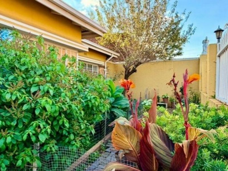 A private garden area featuring established greenery, a paved pathway, and boundary walling with exterior lighting.