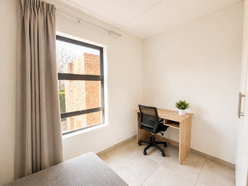 A bright bedroom featuring neutral tiled flooring, a built-in cupboard, and a large window providing natural light.