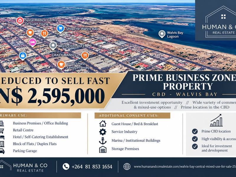 An aerial view map highlighting the location of a prime business-zoned property in the Walvis Bay CBD, showcasing surrounding amenities and investment potential.