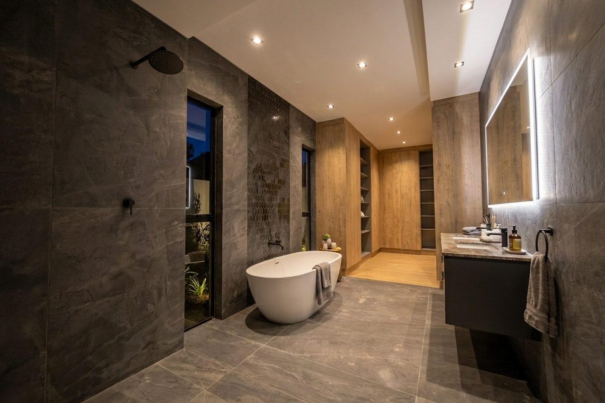 Modern luxury bathroom featuring a freestanding bathtub, walk-in shower, dual vanity with integrated lighting, and extensive built-in wooden cabinetry.
