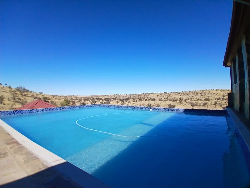 An infinity-edge swimming pool featuring mosaic tiling, offering expansive views of the surrounding arid landscape.
