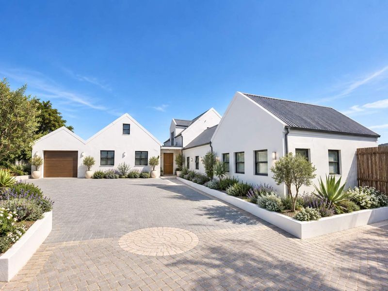 A well-maintained modern farmhouse-style home featuring a paved driveway, landscaped garden beds, and a clean white exterior facade.