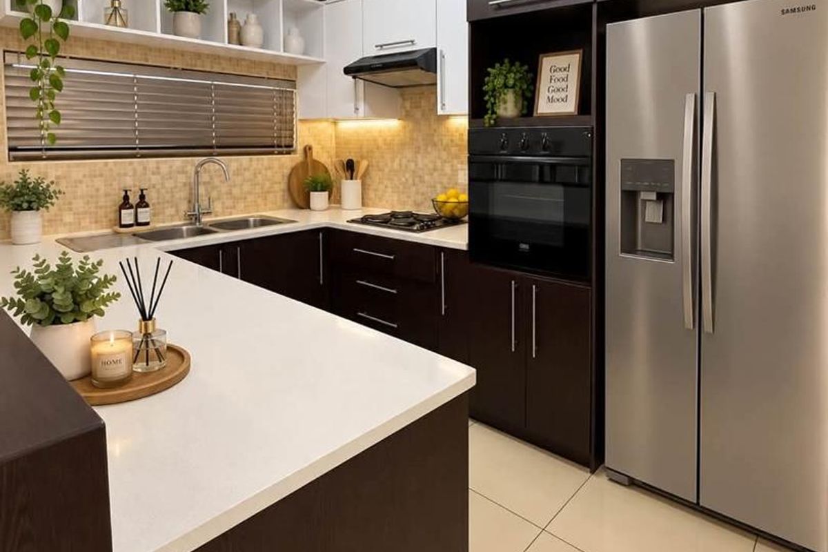 Modern kitchen featuring dark wood and white cabinetry, quartz countertops, integrated appliances, gas hob, and stylish tiled backsplash with ample storage.