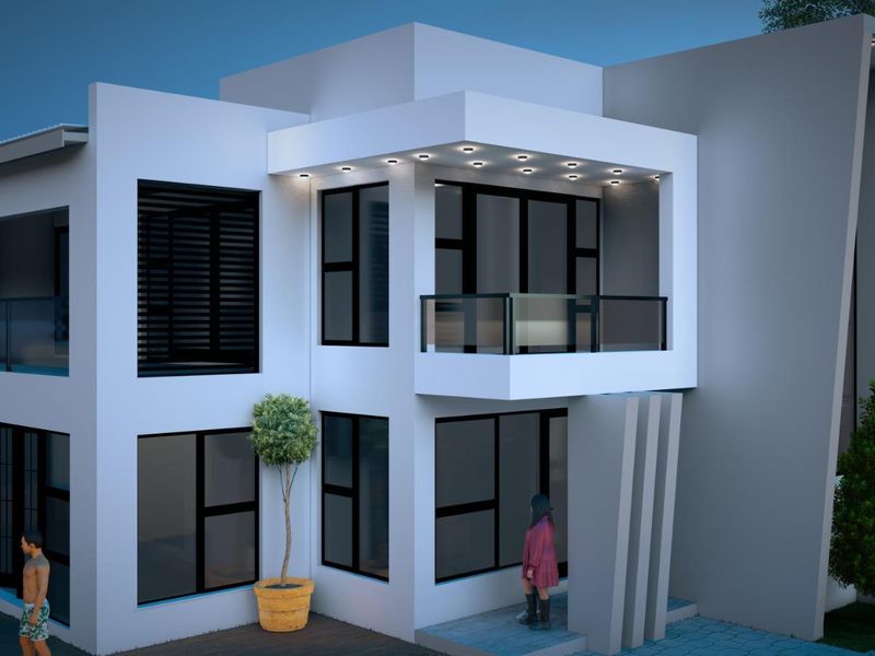 A modern two-story residential exterior featuring clean lines, a balcony with glass balustrades, recessed lighting, and large windows.
