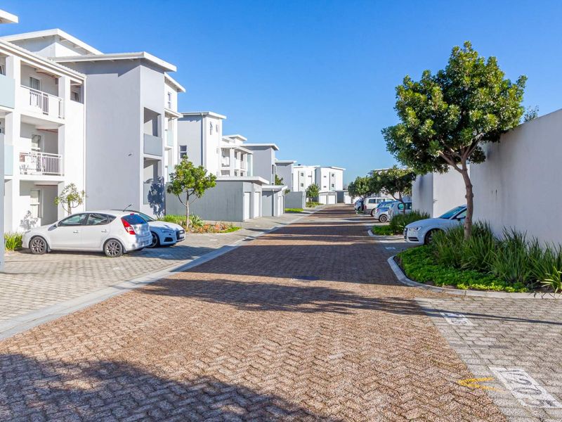 A view of the apartment complex street and driveway, featuring modern building facades, paved surfaces, and landscaped areas.