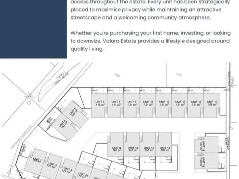 A site layout plan for Valora Estate, illustrating the positioning and sizing of various residential units within the community.