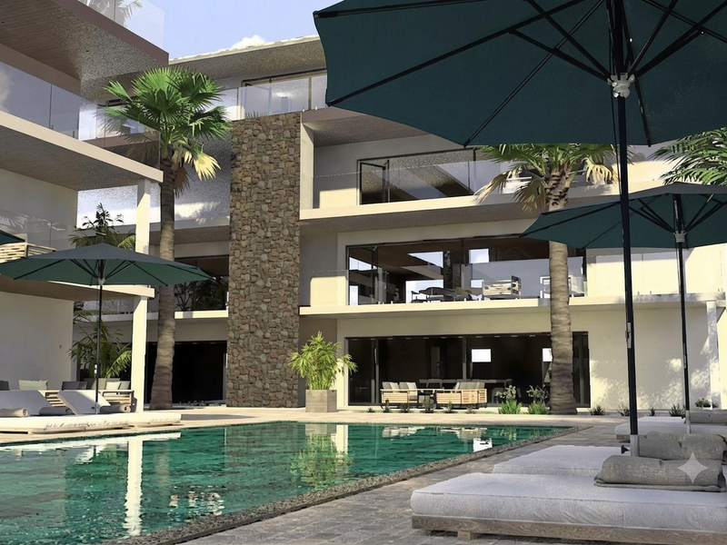Modern apartment complex featuring a pristine swimming pool, stone feature wall, and spacious balconies with glass balustrades, offering a contemporary outdoor living environment.