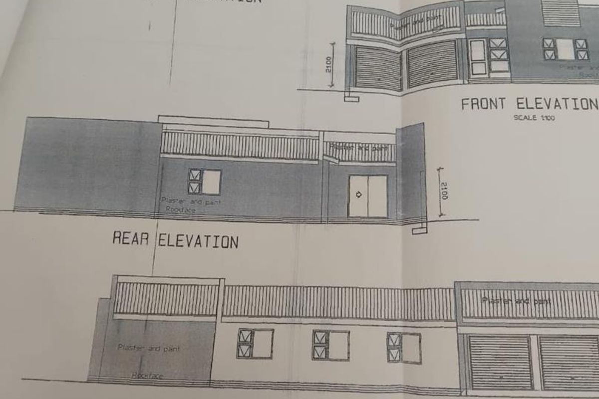 Architectural elevation drawings showing the front, rear, left, and right exterior views of the property structure.