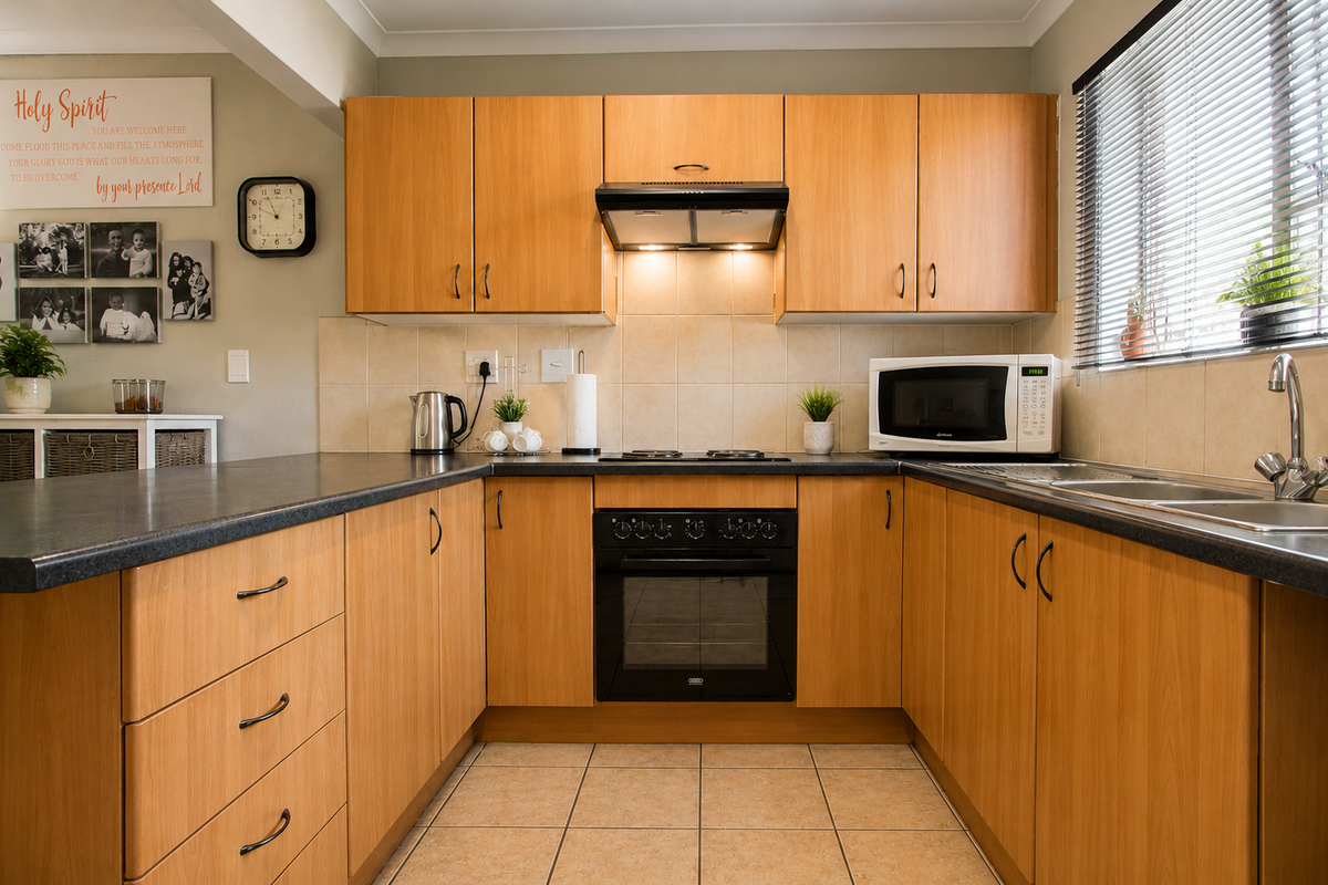 A functional U-shaped kitchen featuring light wood-finish cabinetry, dark laminate countertops, built-in oven with extractor fan, and tiled flooring.