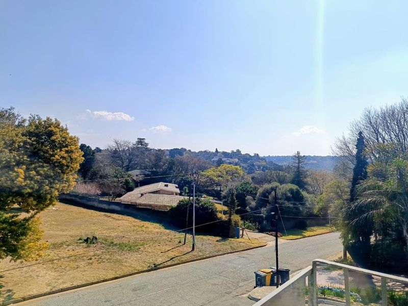 An elevated view overlooking the surrounding suburban landscape and street from a balcony.