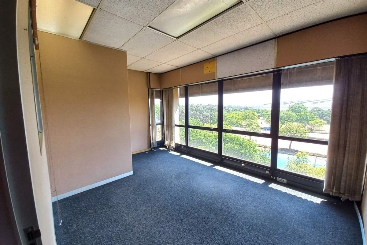 A vacant office space featuring large windows with exterior views, drop ceiling with integrated lighting, and carpeted flooring.