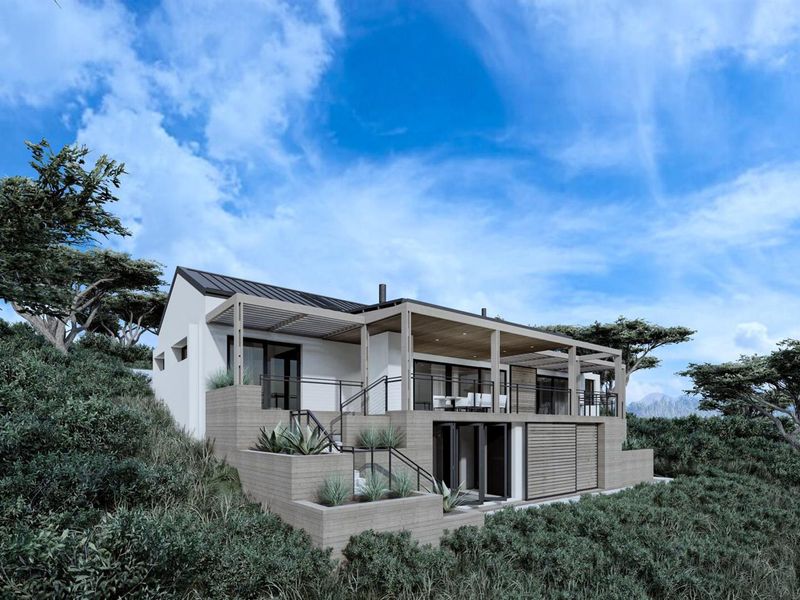 A modern architectural rear elevation featuring a spacious covered patio, timber pergola, and tiered retaining walls set against a natural landscape.