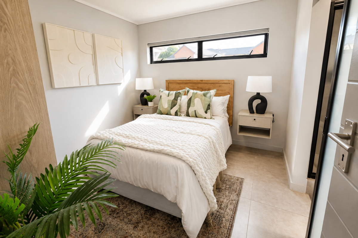 A modern, well-lit bedroom featuring neutral tones, tiled flooring, a horizontal clerestory window, and built-in floating bedside tables.