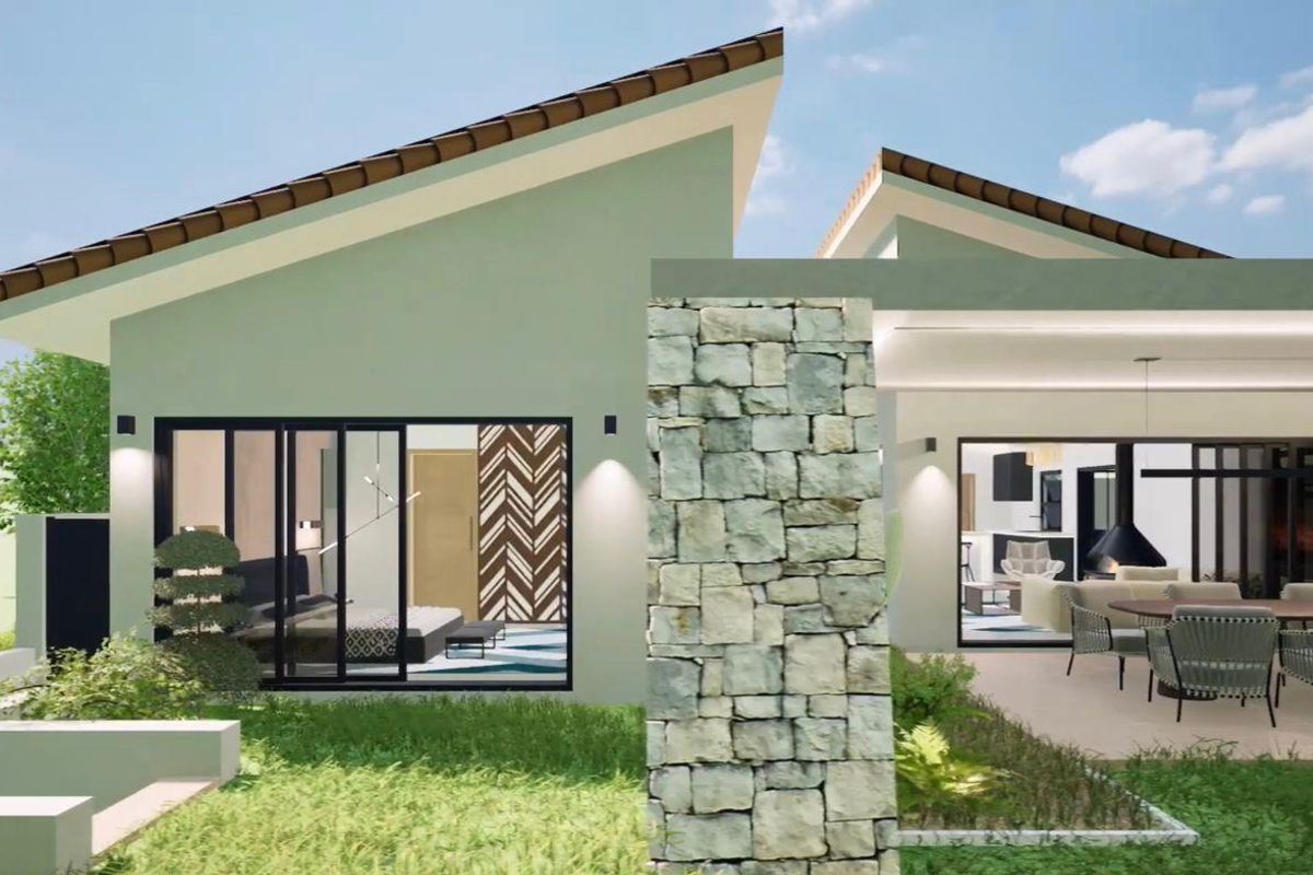 A modern architectural rendering of a rear exterior view featuring a stone-clad pillar, covered patio, and large sliding glass doors.