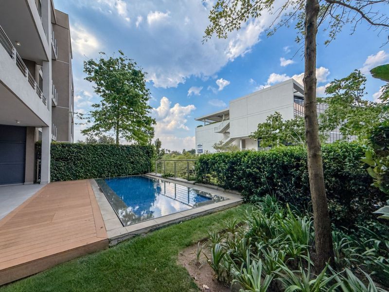 A well-maintained outdoor pool area featuring a modern swimming pool, timber decking, and landscaped garden hedges.