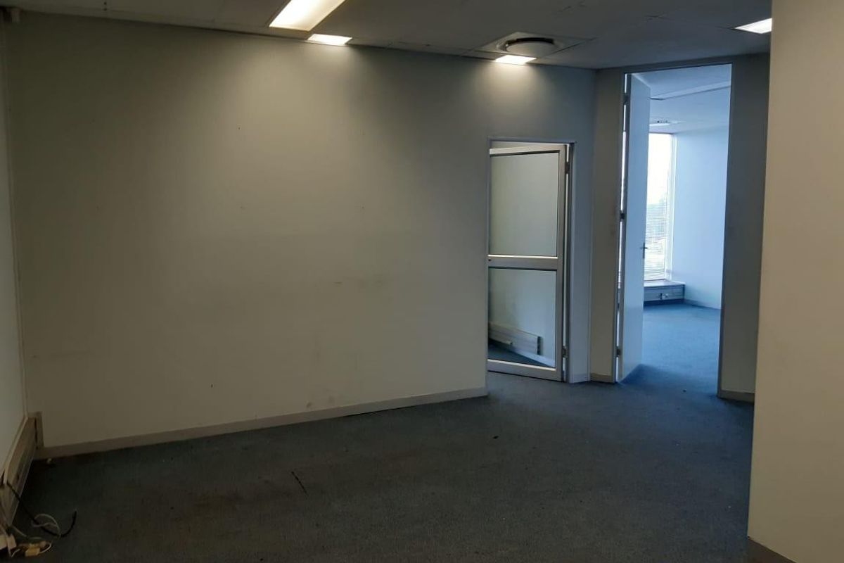 An empty office space featuring a suspended ceiling with recessed lighting, aluminium door frames, and carpeted flooring, ready for custom fit-out.
