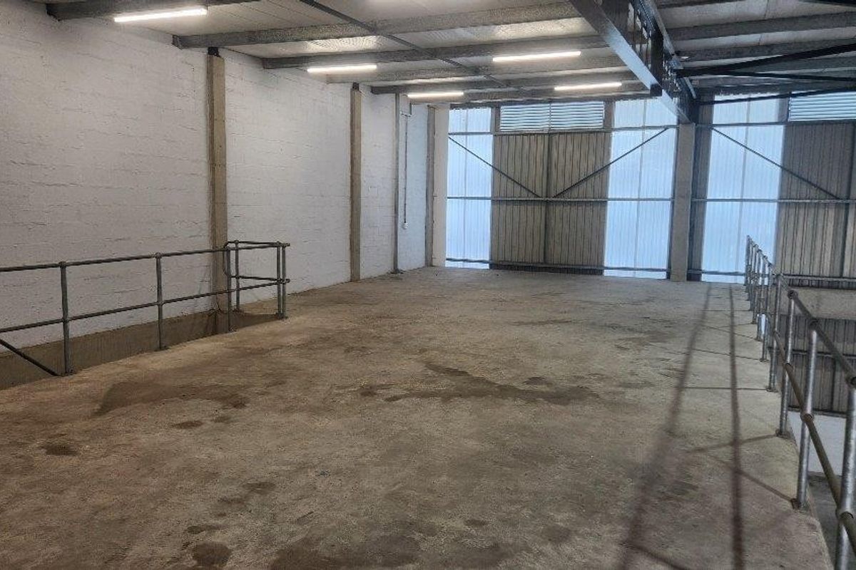 An open-plan industrial utility space featuring concrete flooring, exposed steel roof trusses, and metal safety railings, suitable for storage or workshop use.