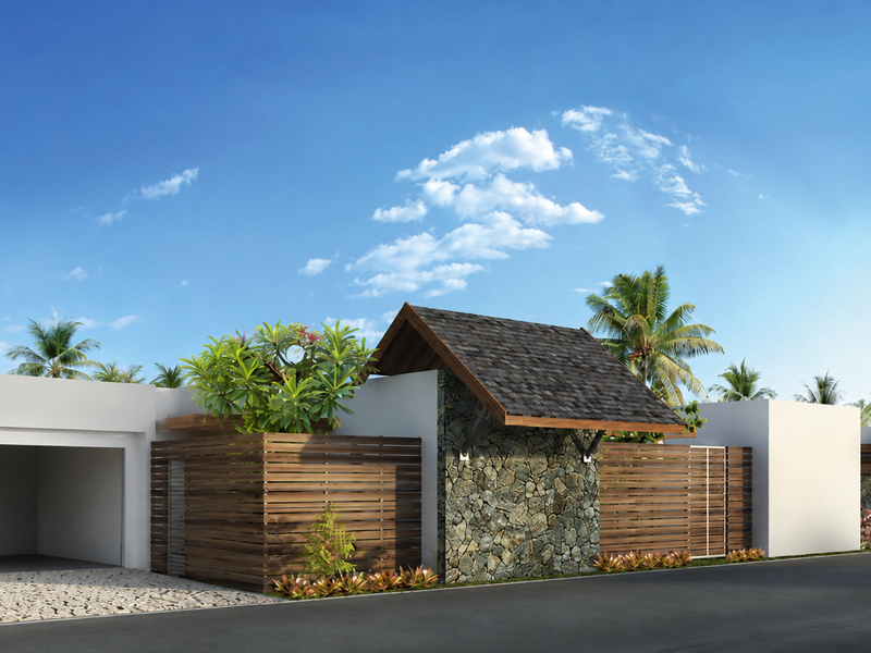 Modern architectural exterior facade featuring stone cladding, timber slat privacy screens, and a pitched roof design with an integrated garage.