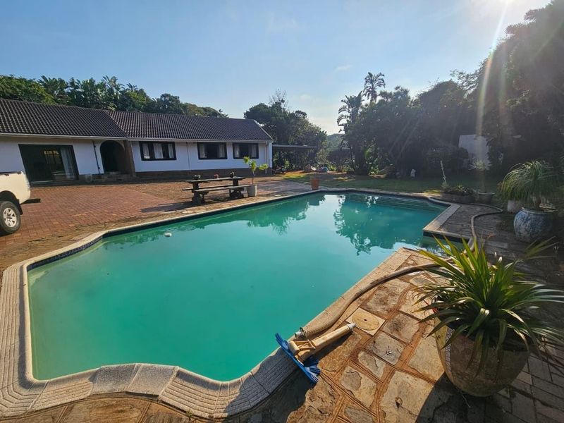Outdoor pool area featuring a swimming pool with paved surround and brick patio, set against the rear elevation of the house.