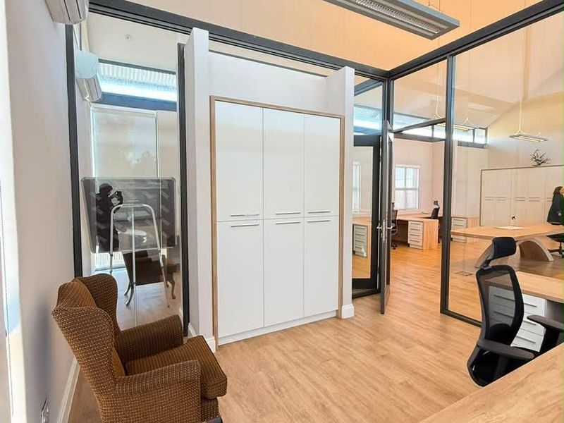 Modern office space featuring glass partition walls, built-in storage cabinetry, suspended linear lighting, and high-quality laminate flooring.