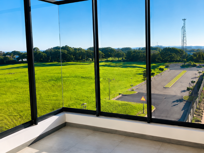 A bright, modern corner space featuring expansive floor-to-ceiling windows offering panoramic views of the surrounding landscape and greenery.