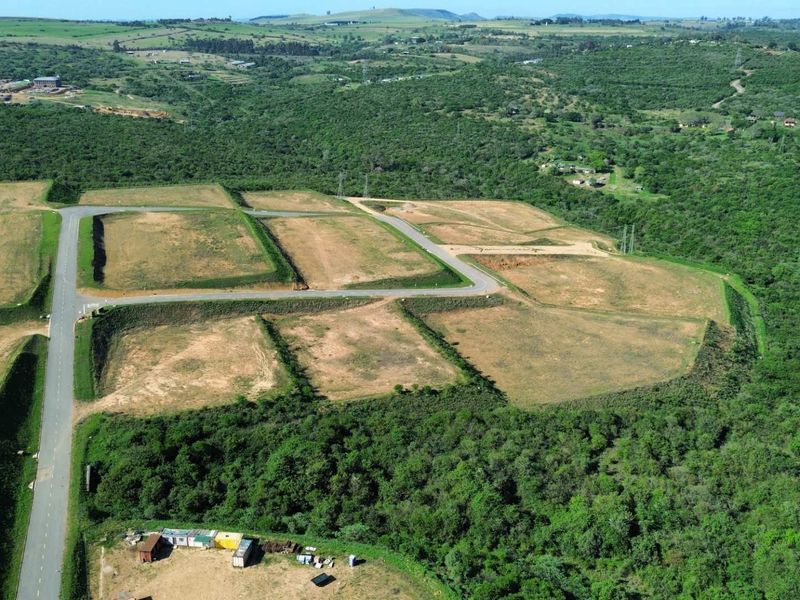 Aerial view of a developed industrial land parcel featuring paved access roads and cleared plots surrounded by natural vegetation.