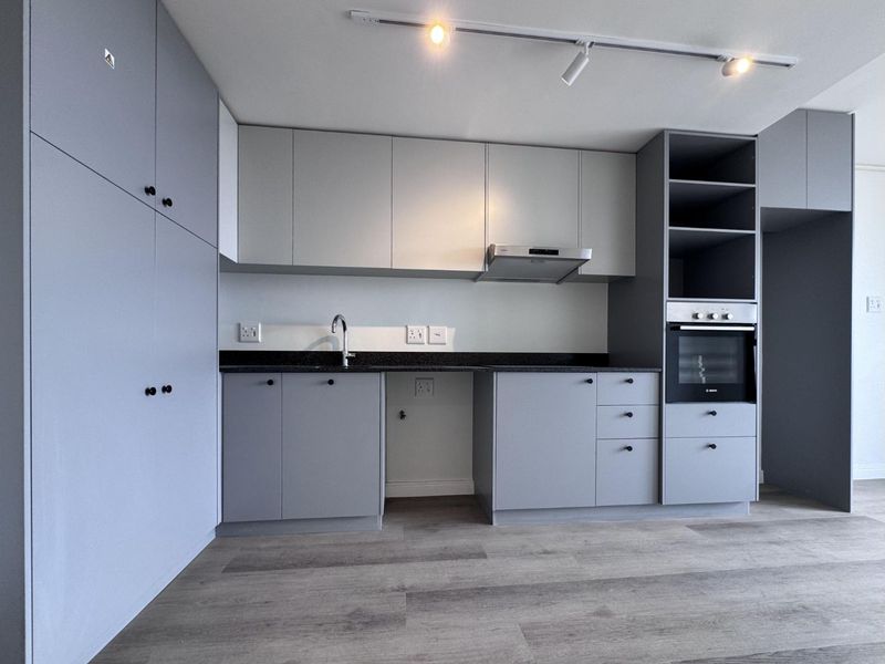 Modern kitchen featuring sleek grey cabinetry, stone countertops, built-in oven, extractor fan, and high-quality laminate flooring in a clean, contemporary design.