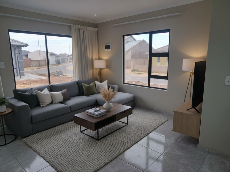 A bright and modern living room featuring large aluminium-framed windows, neutral tiled flooring, and recessed downlighting, offering a clean and contemporary aesthetic.