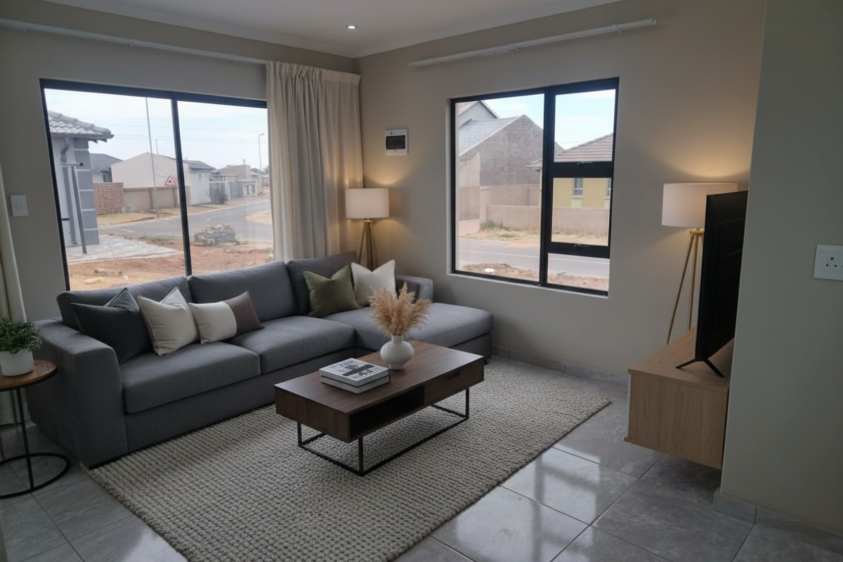 A bright and modern living room featuring large aluminium-framed windows, neutral tiled flooring, and recessed downlighting, offering a clean and contemporary aesthetic.