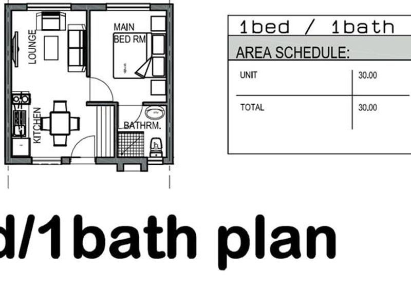 A floor plan diagram for a one-bedroom, one-bathroom residential unit with a total area of 30 square meters.