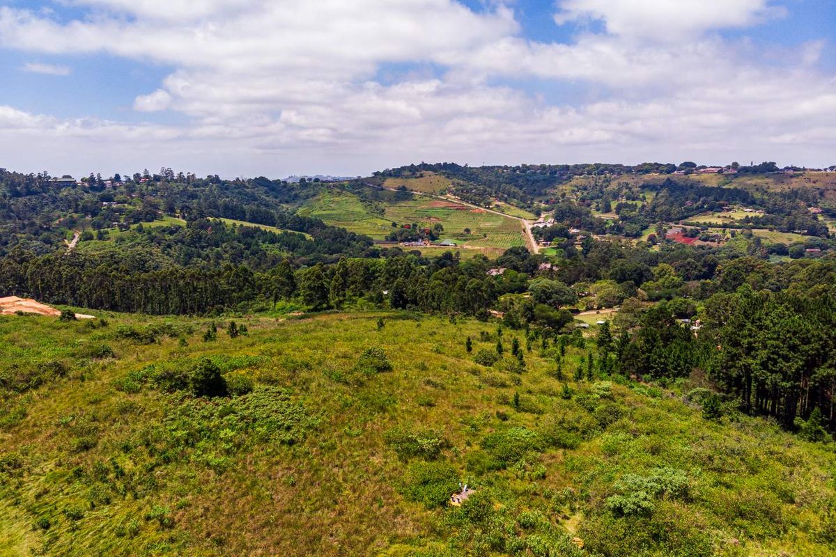 An aerial view of a large, undeveloped residential plot featuring rolling green hills, natural vegetation, and surrounding rural landscape.