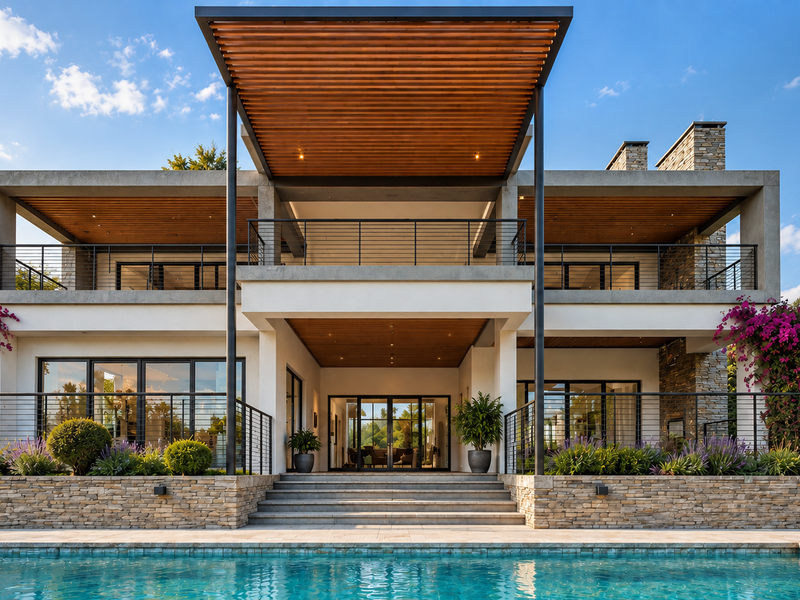 A luxurious rear exterior view featuring a modern multi-level residence with a swimming pool, stone retaining walls, and expansive timber-accented balconies.