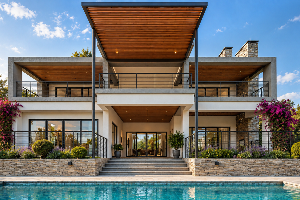 A luxurious rear exterior view featuring a modern multi-level residence with a swimming pool, stone retaining walls, and expansive timber-accented balconies.