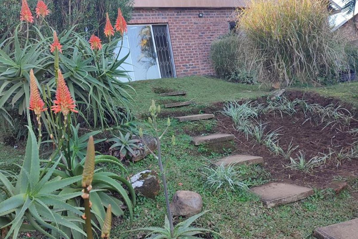 Rear view of a brick cottage featuring a thatched roof, sliding glass doors, and a landscaped garden with a stone pathway.