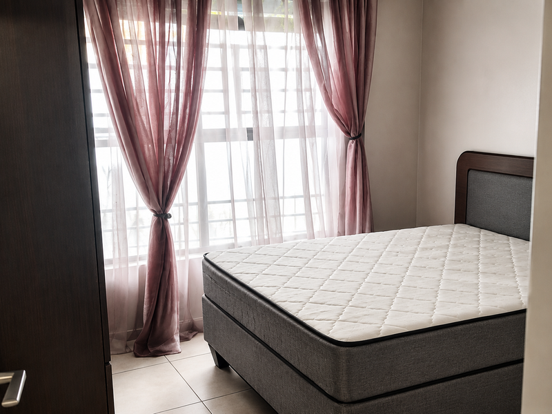 A bedroom featuring tiled flooring, a built-in cupboard, and a window with security bars, offering a functional and neutral living space.