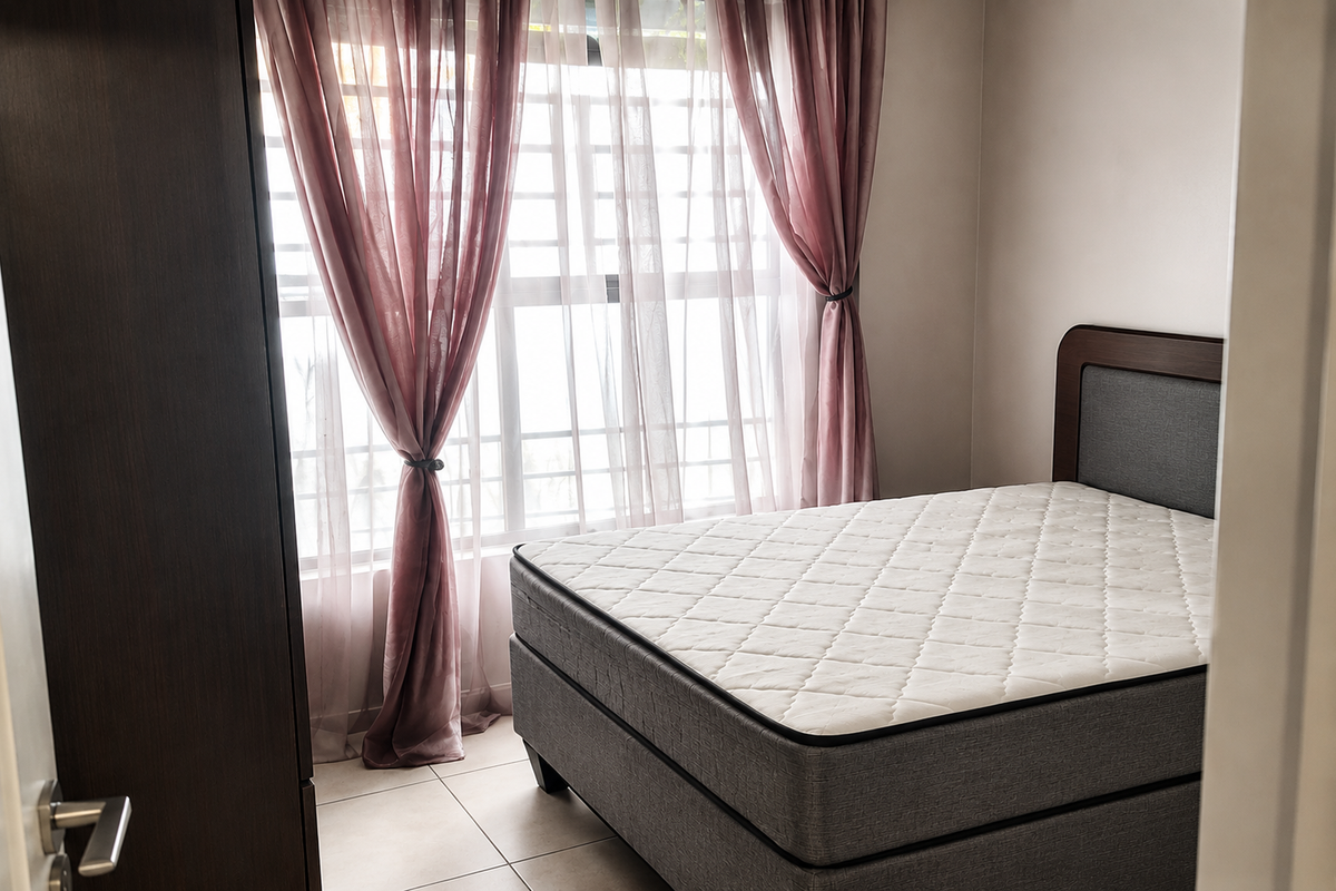 A bedroom featuring tiled flooring, a built-in cupboard, and a window with security bars, offering a functional and neutral living space.
