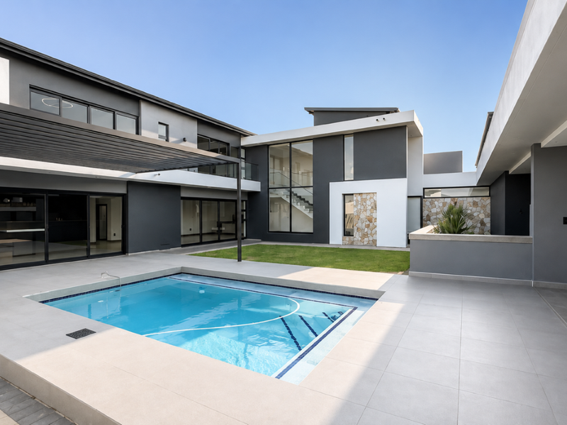 Modern rear exterior featuring a swimming pool, covered patio area, stone feature walls, and large glass sliding doors leading into the home.