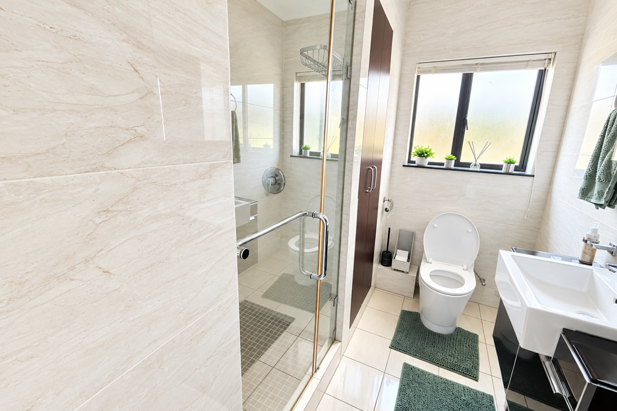 Modern bathroom featuring a glass-enclosed shower, wall-mounted toilet, and vanity basin with neutral marble-look wall tiling and tiled flooring.