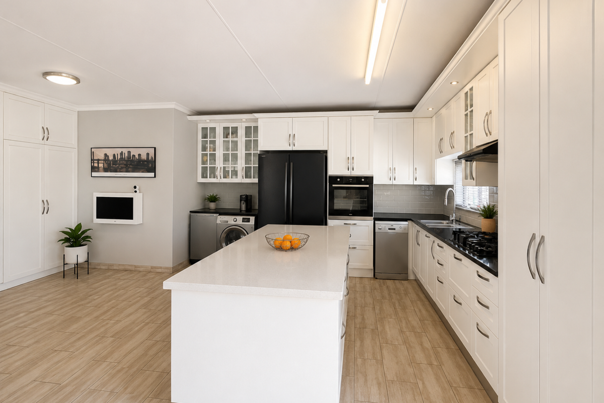 Modern kitchen featuring white cabinetry, a central island with stone countertop, integrated oven, gas hob, and tiled flooring.