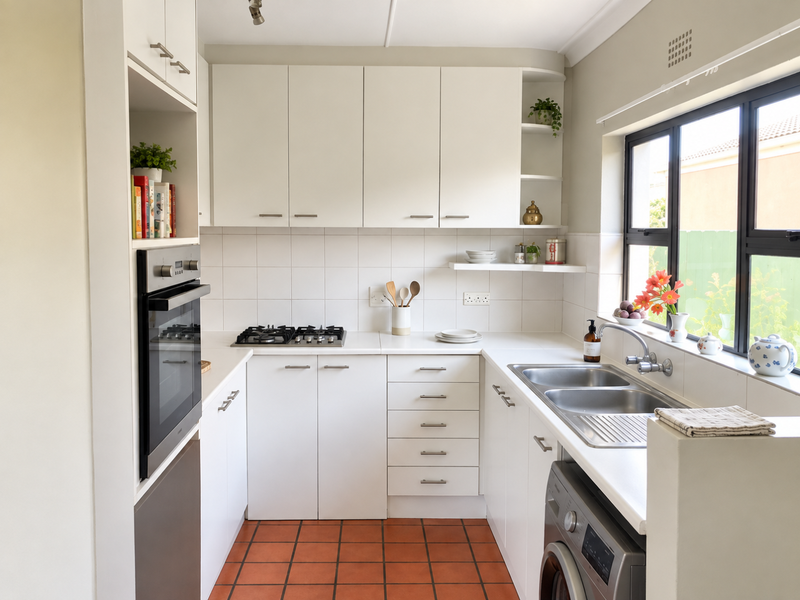 A clean and functional kitchen featuring white cabinetry, a built-in oven, gas hob, double sink, and terracotta-style floor tiles.