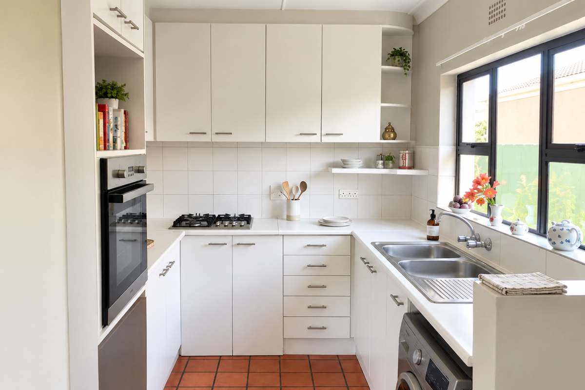 A clean and functional kitchen featuring white cabinetry, a built-in oven, gas hob, double sink, and terracotta-style floor tiles.