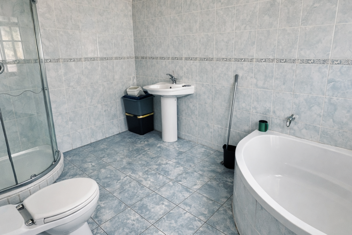A functional bathroom featuring a corner shower enclosure, a pedestal basin, and a built-in bathtub with full-height wall tiling.