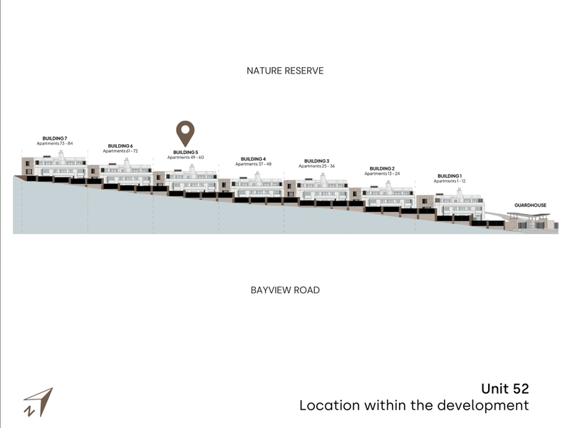 A site plan diagram illustrating the layout and positioning of apartment buildings within the development relative to the nature reserve and Bayview Road.