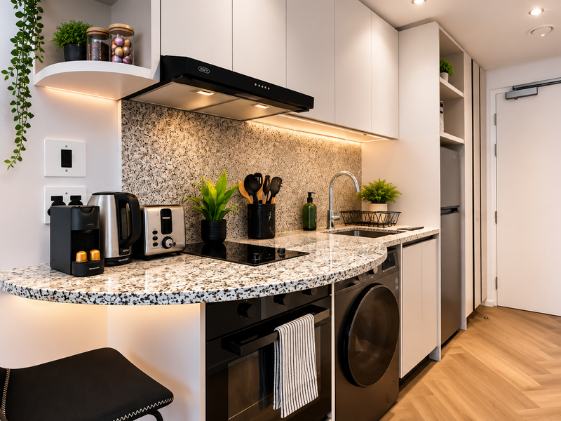 Modern compact kitchen featuring granite countertops, built-in oven, electric hob, integrated washing machine, and stylish under-cabinet lighting with herringbone flooring.
