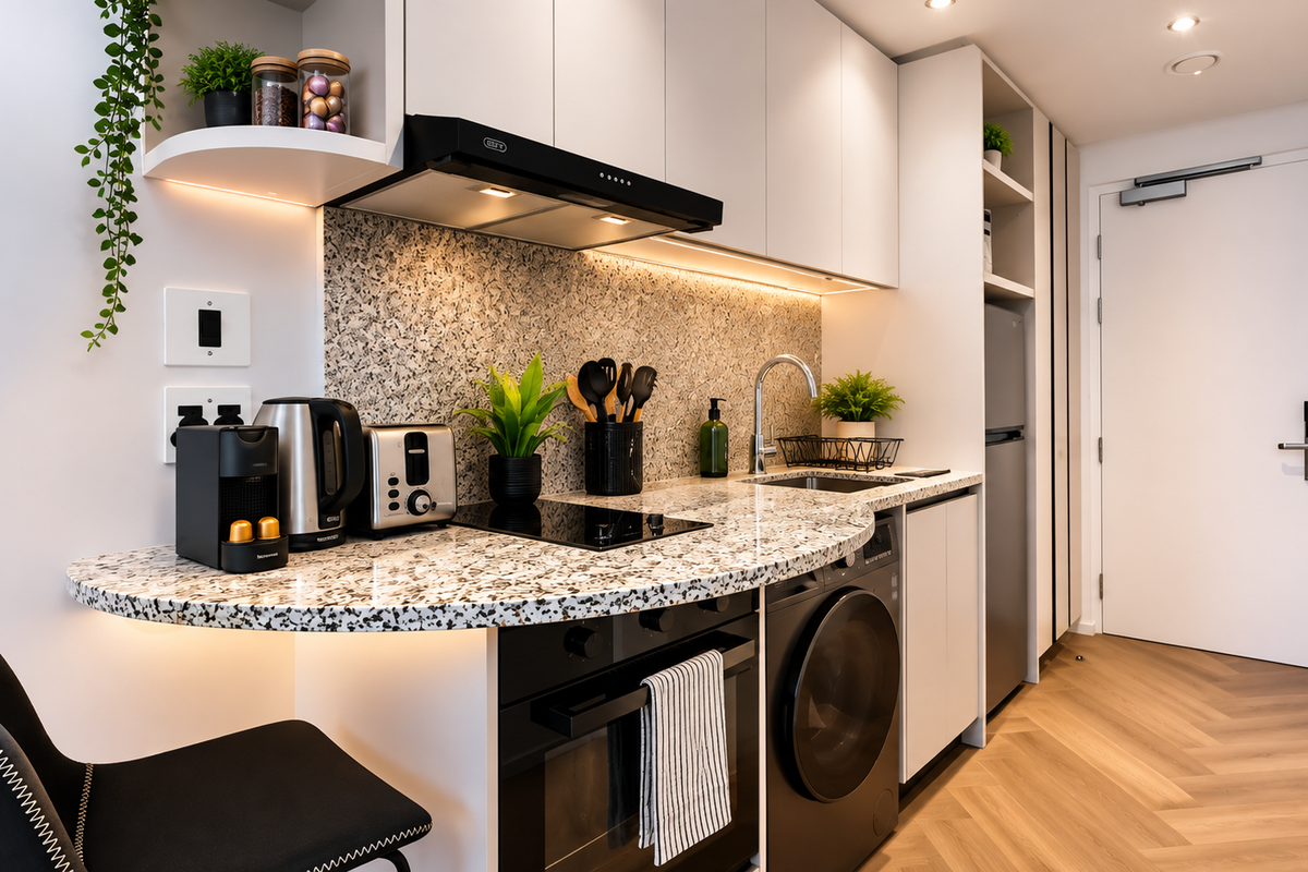 Modern compact kitchen featuring granite countertops, built-in oven, electric hob, integrated washing machine, and stylish under-cabinet lighting with herringbone flooring.