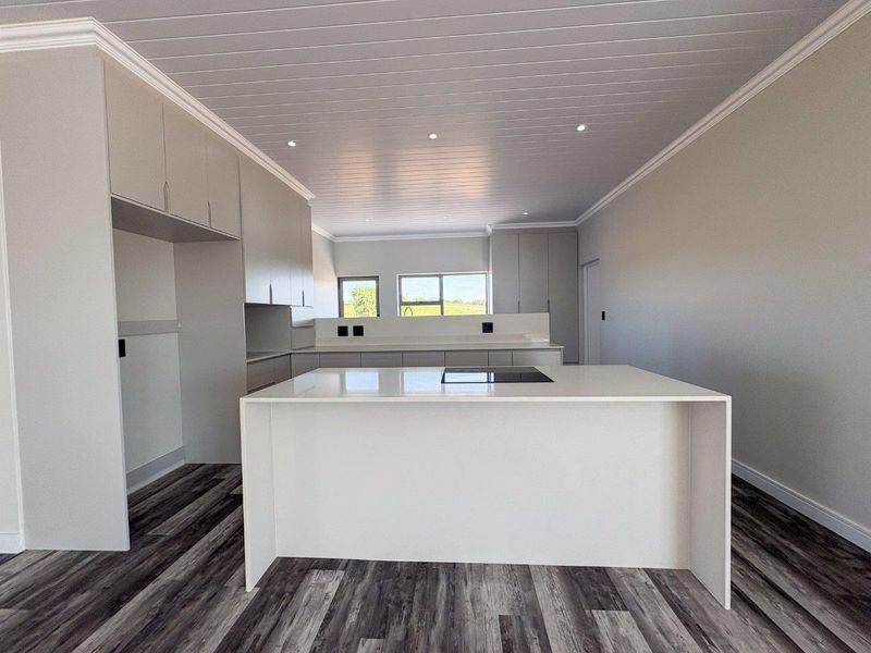 Modern, minimalist kitchen featuring a central island with integrated cooktop, sleek cabinetry, and contemporary wood-look flooring in a bright, open-plan space.